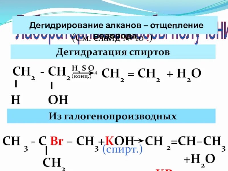 Получение спиртов дегидратацией. Дегидратация алканов. Дегидрирование галогенопроизводных алканов. Дегидрирование алкиннов. Дегидрирование Алкина.