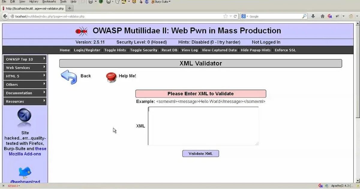 Xml entity. Owasp mutillidae. xml injector test. xml external entities. owasp suite.