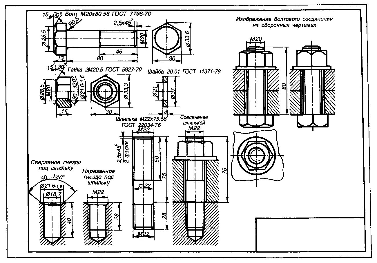 Соединение болтом гост. Болтовое соединение м20 чертеж. Шпилечное соединение чертеж м16. Соединение шпилькой чертеж м20. Чертеж болтового соединения м18.