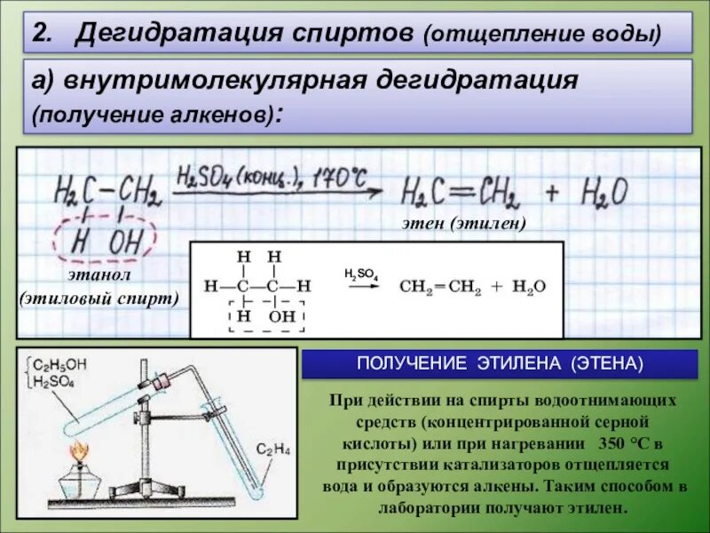 Этанол отщепление воды. Отщепление воды у спиртов. Получение этилена дегидратацией этилового спирта. Дегидратация спиртов отщепление воды. В одну стадию получить этилен