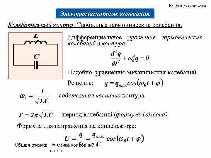 Собственные электромагнитные колебания в идеальном контуре. Электрический колебательный (LC) контур. Свободные гармонические электромагнитные колебания формула. Формула расчета частоты электромагнитных колебаний. Колебания волн формула дифференциальная.