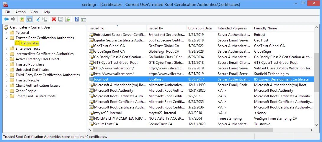 Microsoft Certificate Authority. IIS Express. Go Daddy secure Certificate Authority g2. Create Certificate for IIS localhost.