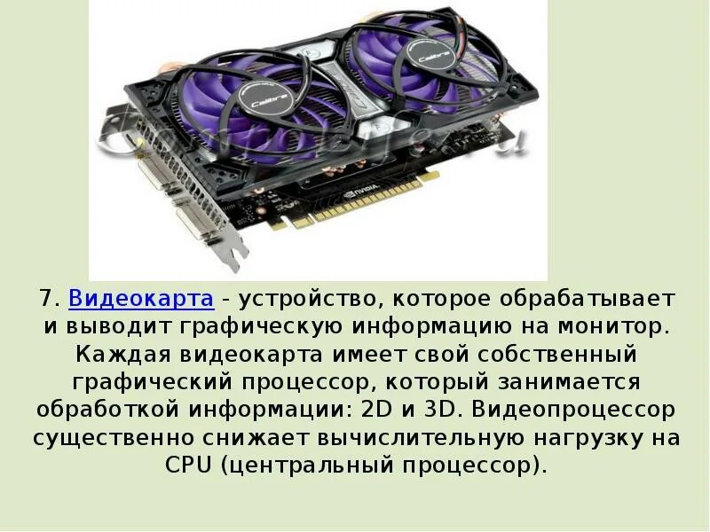 Устройство которое обрабатывает информацию. Устройство видеокарты. видеокарта информация. видеокарта обладает собственными. выводы видеокарты.
