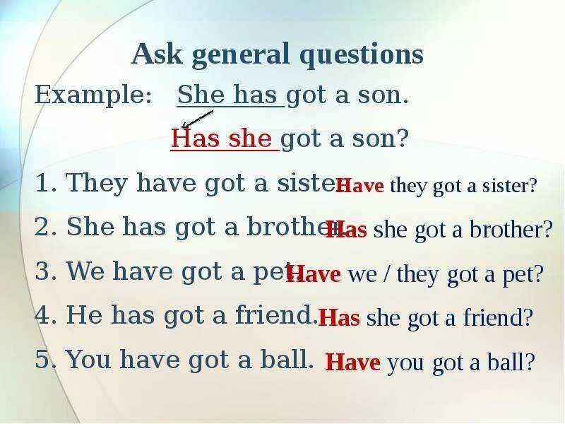 She have got или has got. Предложения General questions. His sister has got или have got. Вопросы General questions примеры. She a brother and a sister