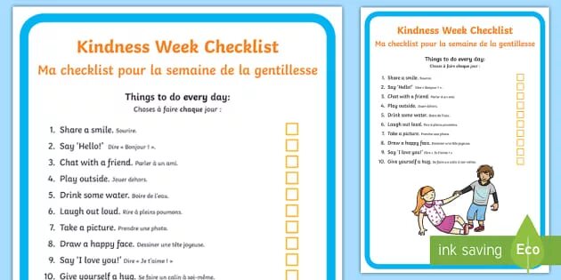 The week of kindness has just started. Acts of kindness check list. english check list for children. checklist for efl course book evaluation.