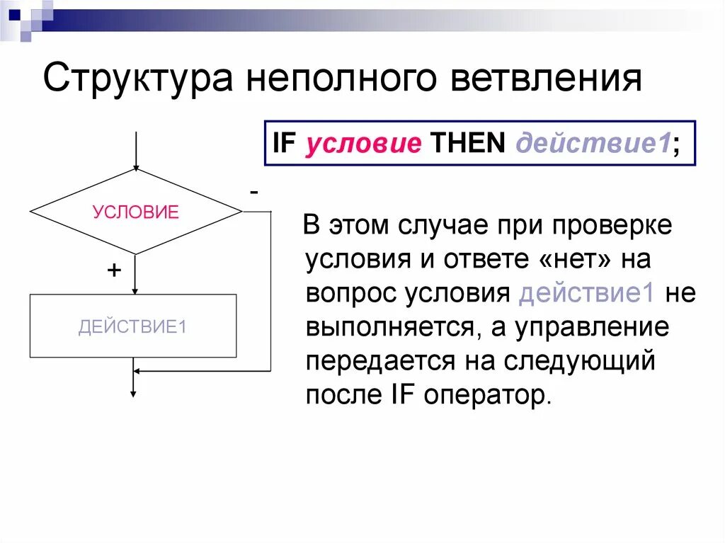 Неполный оператор ветвления. Структура ветвления. Неполное ветвление. Труктура «не полное ветвление.