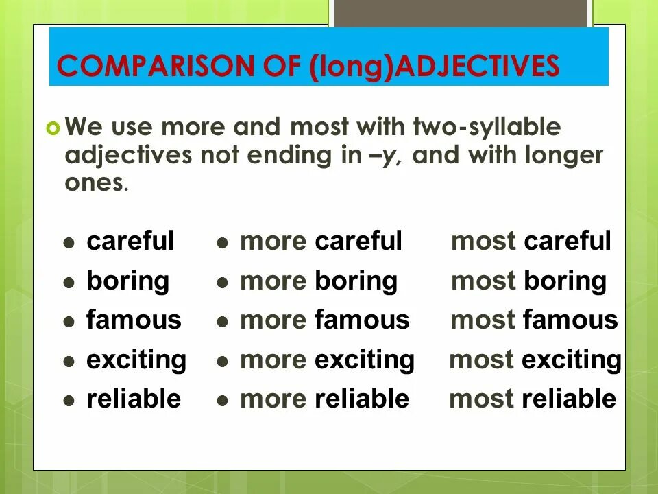Much comparative and superlative forms. Comparison of long adjectives. Comparatives long adjectives. Two syllable adjectives. Long adjectives Comparative Superlative.