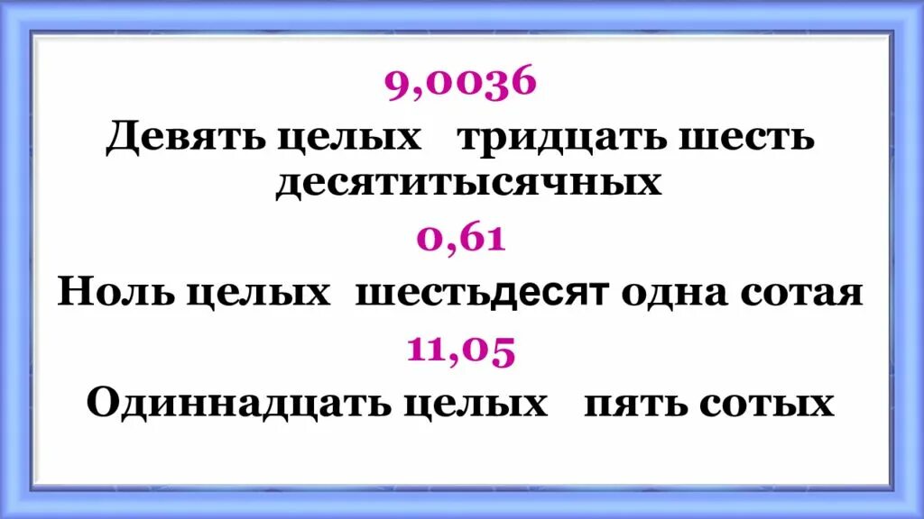 Тридцать шесть дней. Тридцать девять сотых. Ноль целых девять десятитысячных. Шестьдесят шесть целых шесть сотых. Девять целых девять сотых.