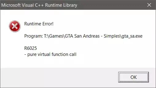 Runtime library error. Ошибка runtime Error. Runtime Error r6025. Runtime Error program c :\program r6025. GTA sa runtime Error r6025.