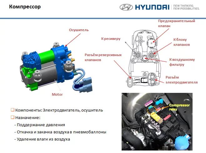 Почему не включается компрессор. Блок клапанов пневмоподвески Хендай Дженезис. Система пневмоподвески Хундай Генезис. Компрессор пневмоподвески Хендай Экус. Hyundai Genesis (2008-13) компрессор пневмоподвески.