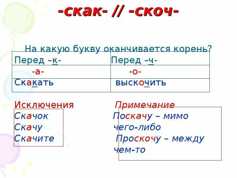 Слово на 6 букв оканчивается на. Скак скоч исключения. Скак скоч правило. Корни скак скоч. Скак скоч чередование.