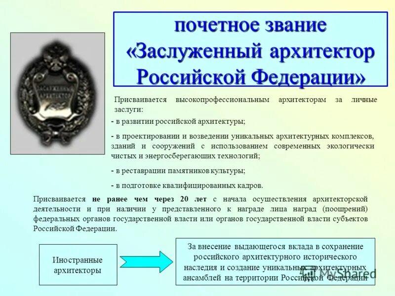 Почетное звание «заслуженный Архитектор Российской Федерации». Присвоение Почётных званий РФ. Почётные звания Российской Федерации. Арисвоение почетных знаний РФ.