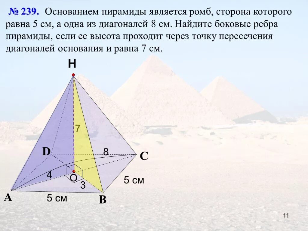 Правильная четырехугольная пирамида диагональ основания ac. Пирамида с основанием ромб. Основанием пирамиды является ромб. Пирамида в основании РОИБ. Высота пирамиды с основанием ромб.