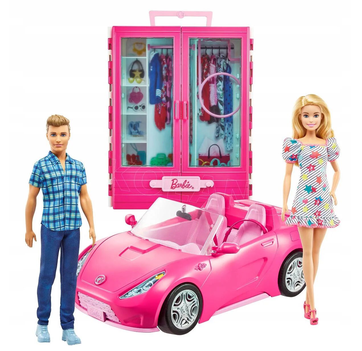 Набор Barbie и Кен с гардеробом и розовым кабриолетом,. Игровой набор Барби Кен кабриолет гардероб. Набор Barbie гламурный кабриолет, djr55. Кен и Барби на машинке розовой.