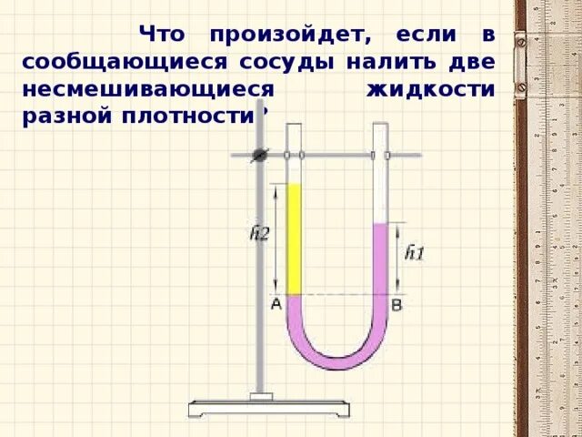 Сообщающиеся сосуды. Плотность жидкости в сообщающихся сосудах. Сообщающиеся сосуды с разными жидкостями. Давление в сообщающихся сосудах.