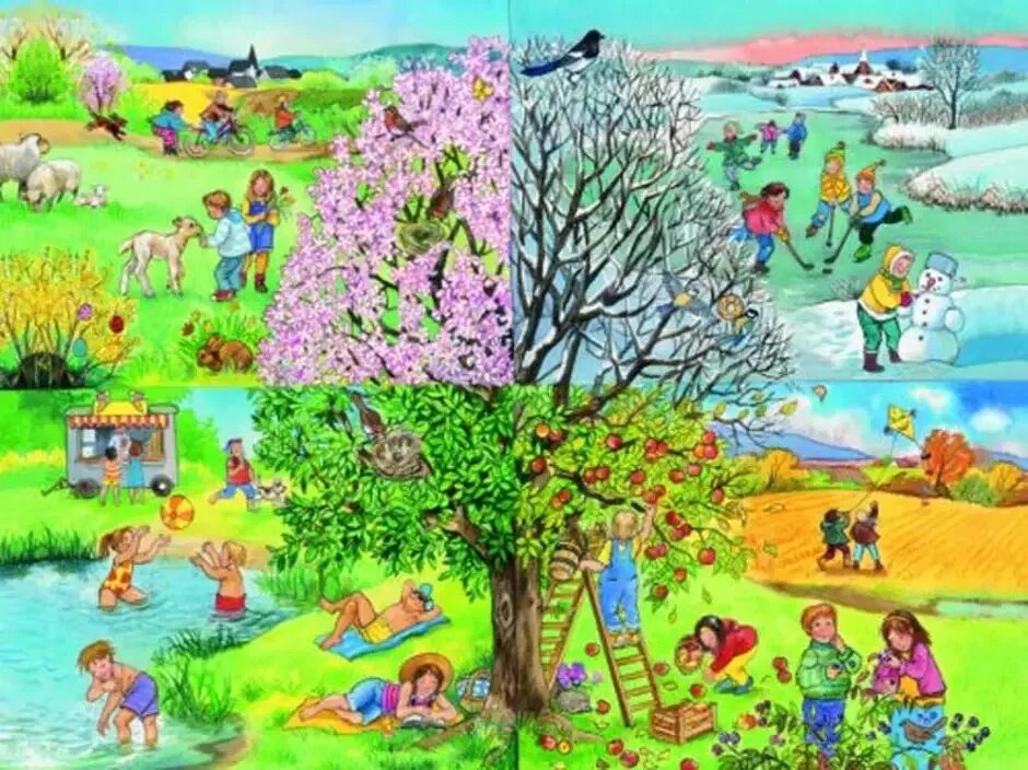 Describe seasons. Времена года для детей. Иллюстрация по времени года. Пейзажи по временам года для дошкольников.
