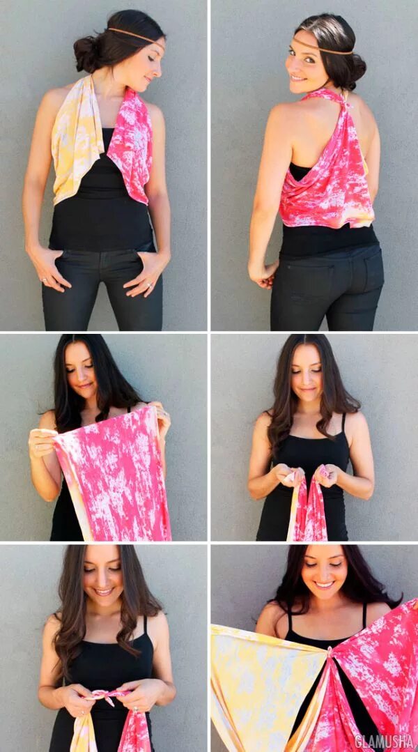 Кофточка из шарфа. Топик из шарфа. Топик из платка. Сделать из шарфа платье. Наряд из шарфа.