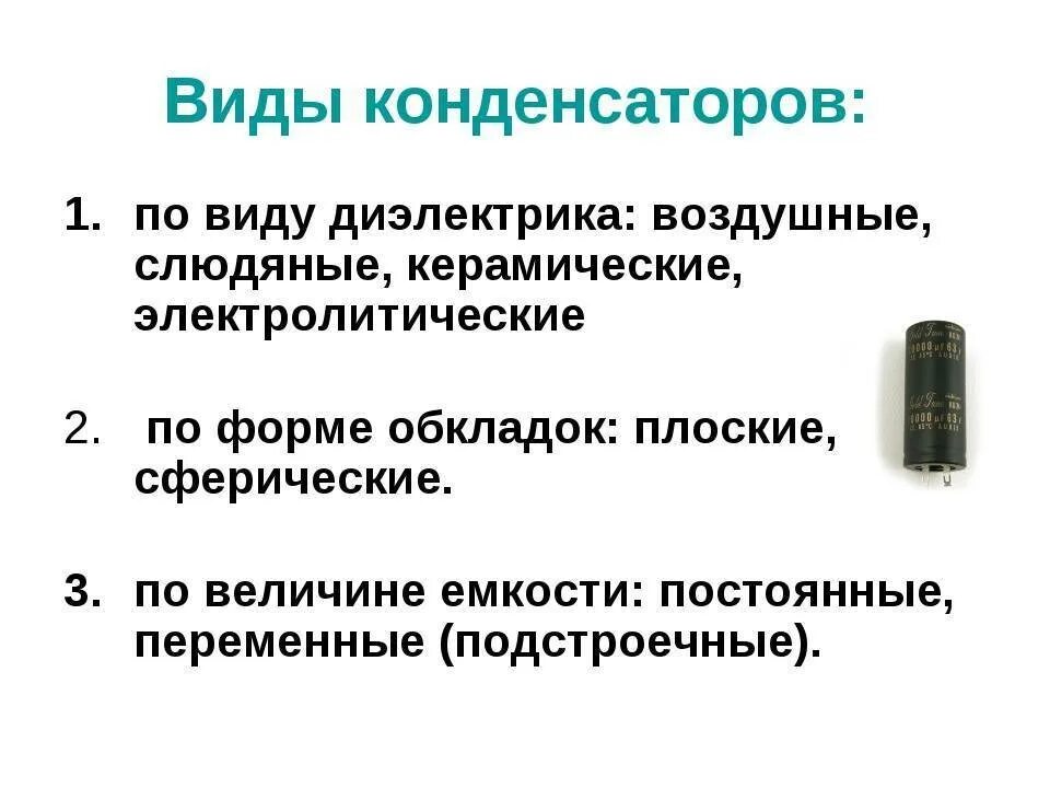 Типы конденсаторов физика. Конденсатор виды конденсаторов физика. Типы конденсаторов по диэлектрику. Типы конденсаторов по диэлектрику по форме обкладок.