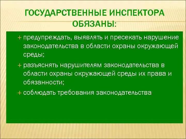 Государственный экологический контроль. Федеральный экологический контроль. Полномочия экологического надзора. Государственный инспектор по охране окружающей среды имеет право:.