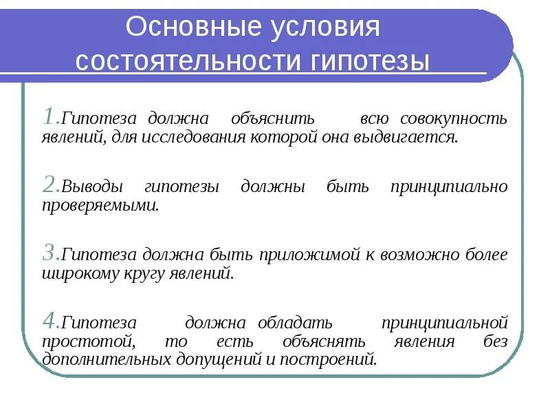 Условия гипотезы. Условия состоятельной гипотезы. Условия самостоятельности гипотезы. Признаки гипотезы.