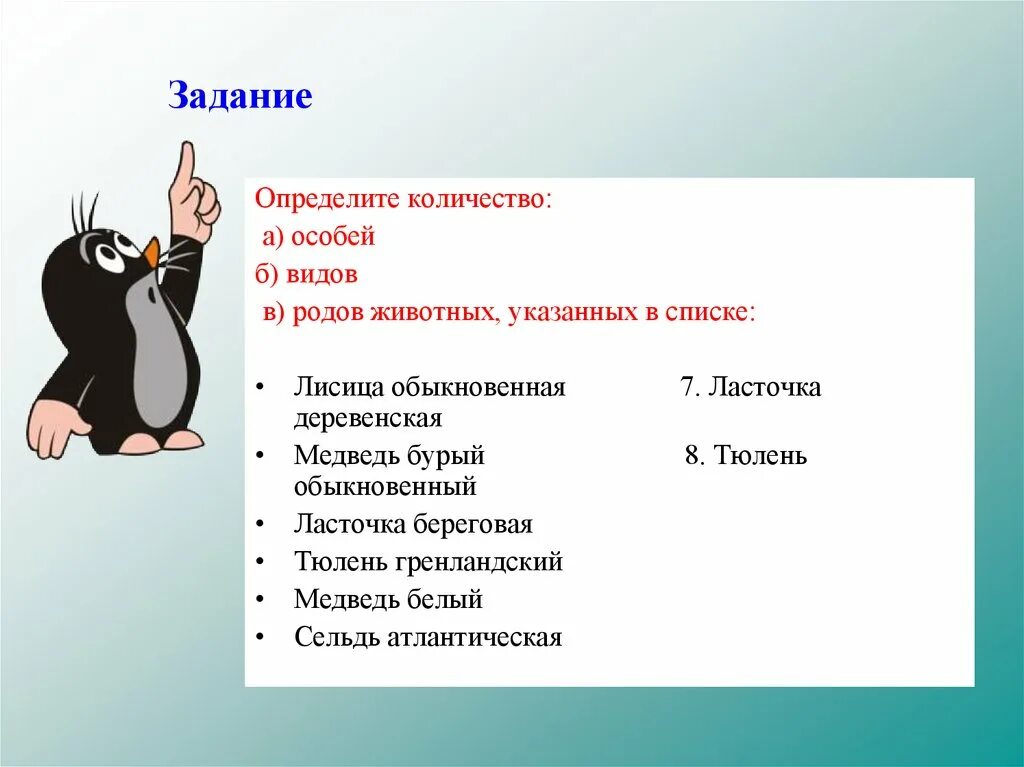 7 родов животных. Определите количество видов и родов животных. определить количество видов, особей и родов. количество видов и родов животных лисица обыкновенная. определите количество видов и родов животных указанных в списке.