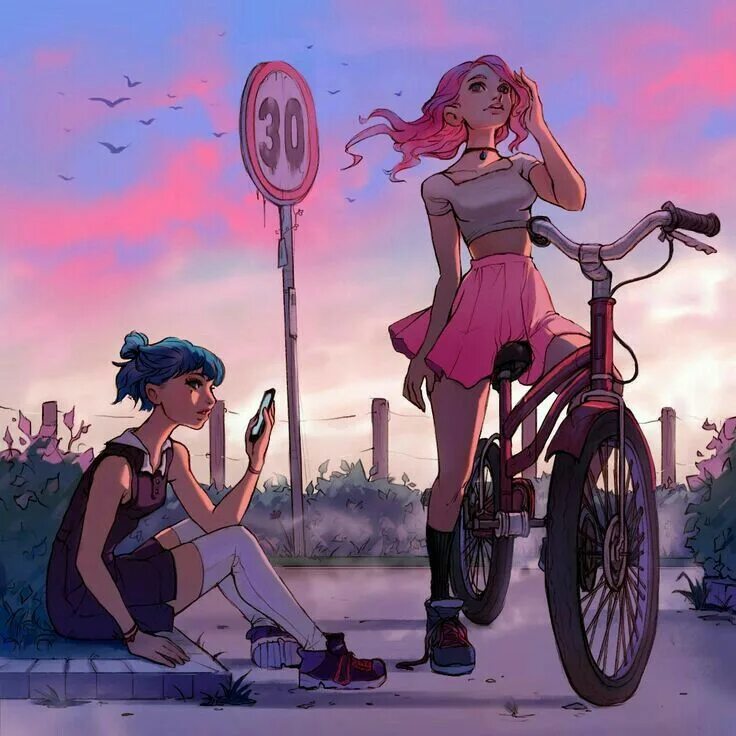 Мечта на троих о чем. Подруги арт. Две девушки арт. Арты велосипед. Девушка на велосипеде.