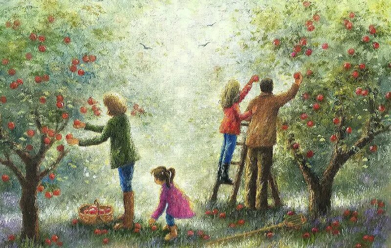 Мама собрала 18 грибов папа собрал 36. Картина семья для детей. Счастливая семья живопись. Сбор яблок в саду. Семья на природе живопись.