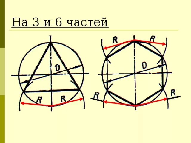 Деление окружности на части. Деление окружности на равные части. Деление окружности на 3 и 6 частей. Деление окружности на 3 равные части.