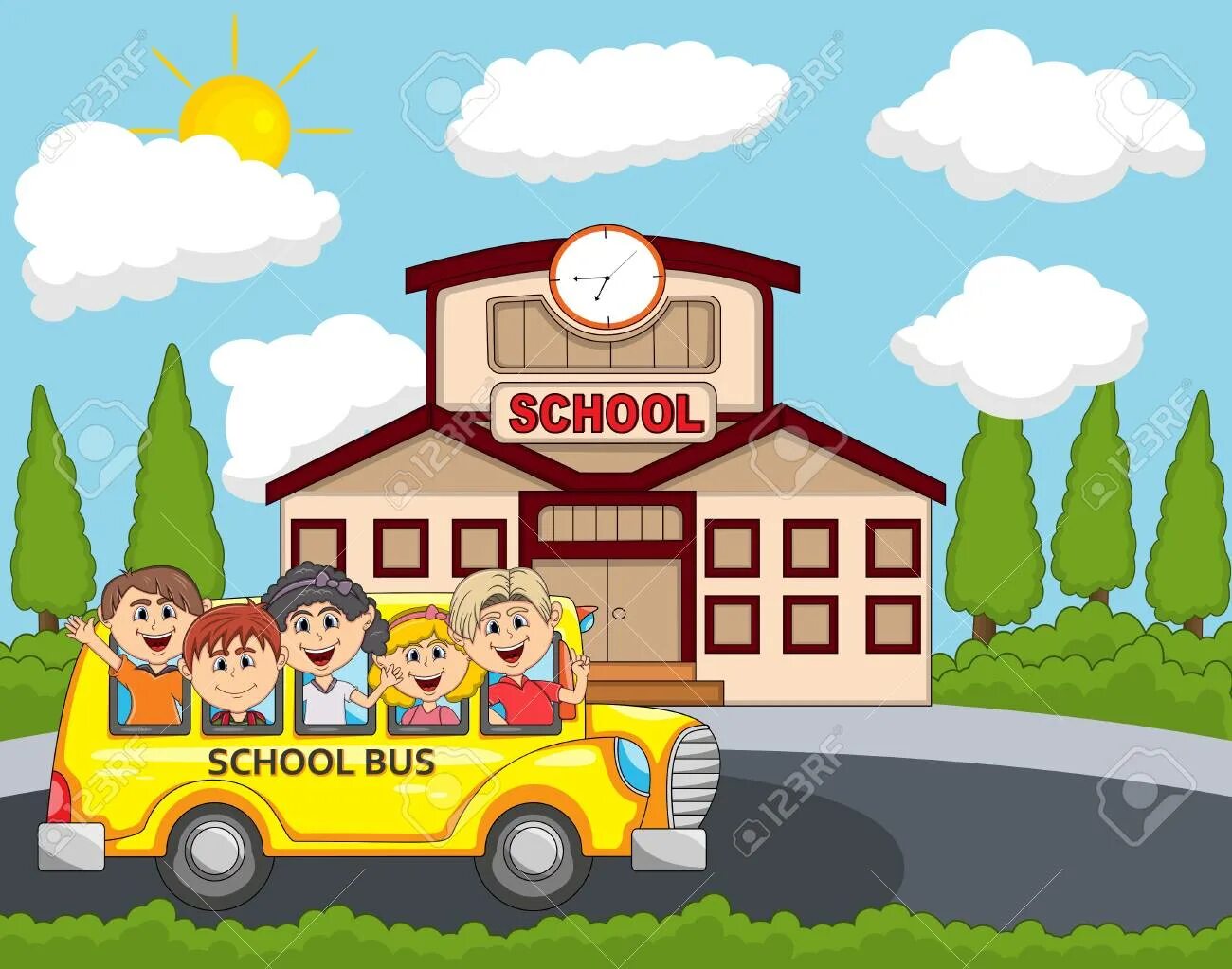 She take the bus to school. I go to school by bus. go to school by bus. шарж на школьный автобус с детьми. go to school by school bus картинки для детей.