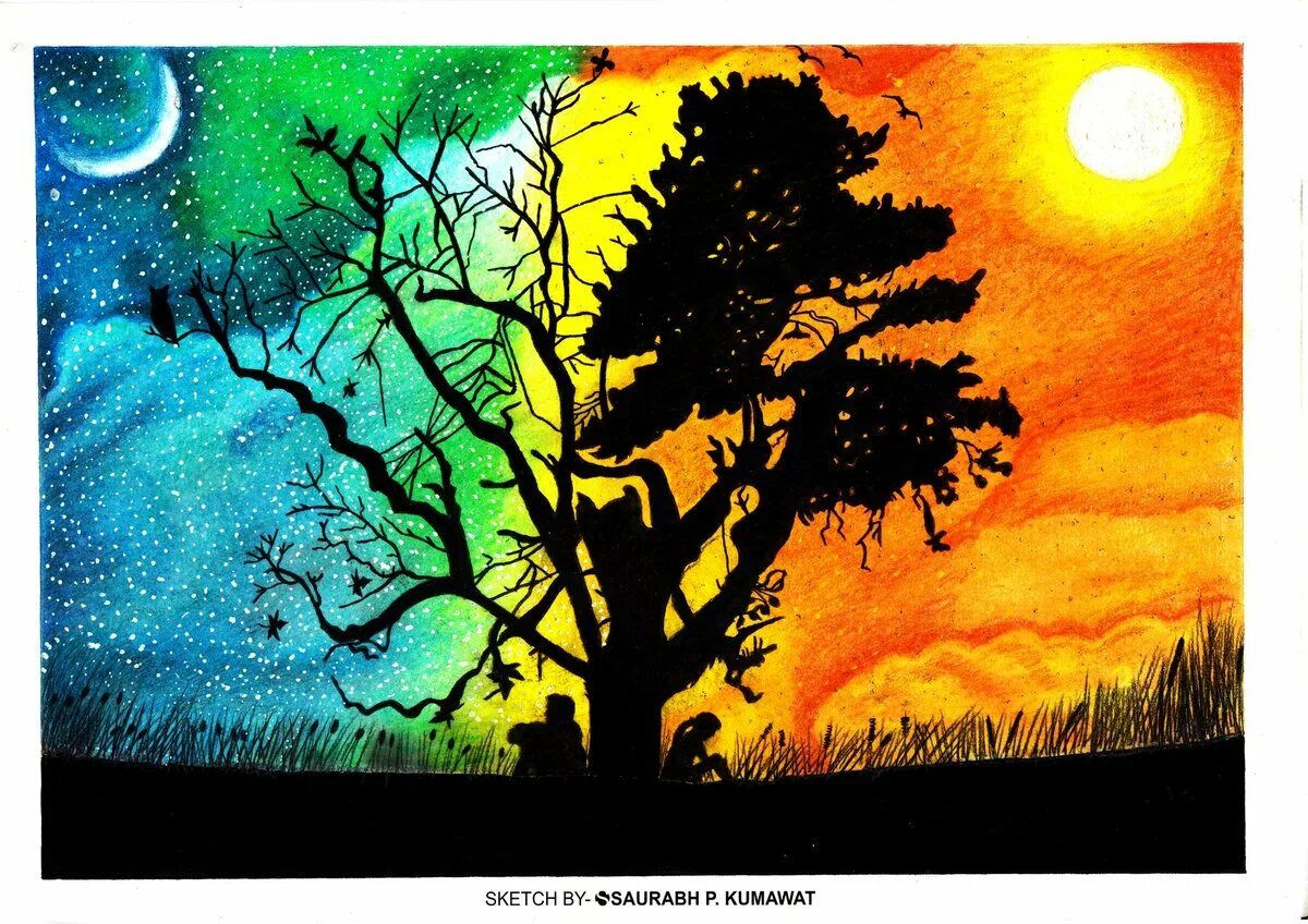 Рисовать день ночь. Пейзаж день и ночь. Ночь иллюстрация. Рисование день и ночь. Дерево рисунок.