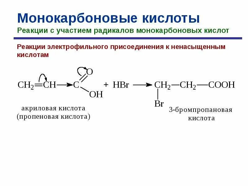 Кислотный радикал. Ненасыщенные монокарбоновые кислоты. Присоединение карбоновых кислот механизм. Реакция электрофильного присоединения карбоновых кислот. Функциональные производные карбоновых кислот.