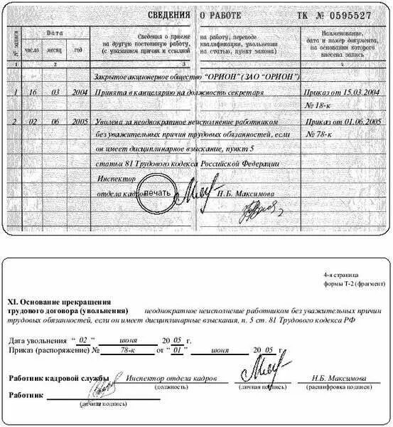 Увольнение работника за выговоры. Увольнение работника за невыполнение должностных обязанностей. Увольнение за пьянство запись в трудовой книжке образец. Запись в трудовой об увольнении за пьянство образец. Увольнение за дисциплинарное взыскание запись в трудовую книжку.