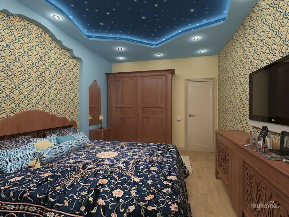Remont kvartira Tashkent. Мехмонхона ремонтлари. Евроремонт спальни. Спальный потолок.