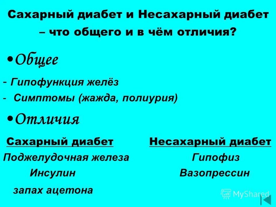 Чем отличаются диабеты. Сахарный и несахарный диабет. Отличие сахарного диабета от несахарного. Сахарный диабет и несахарный диабет. Несахарный диабет и сахарный диабет отличия.