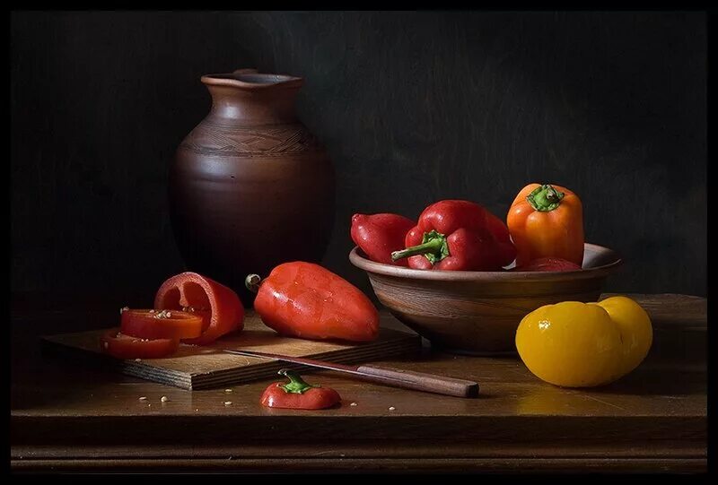 натюрморт с перцем. натюрморт с овощами. перцы маслом живопись. болгарский перец. помидоры кувшин.