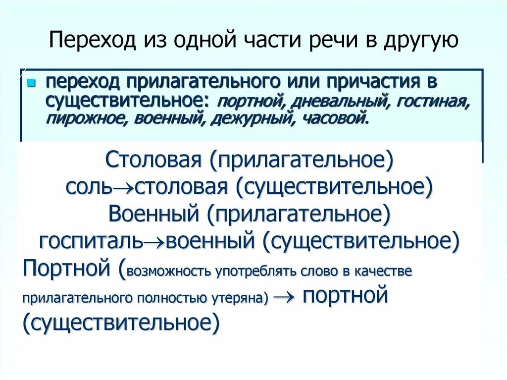 Переход других частей речи в существительные. Переход других частей речи в существительное примеры. Переход части речи в другую. Переход из других частей речи в сущ слова.