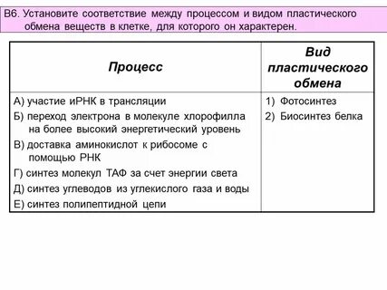 Установите соответствие признак вид обмена веществ