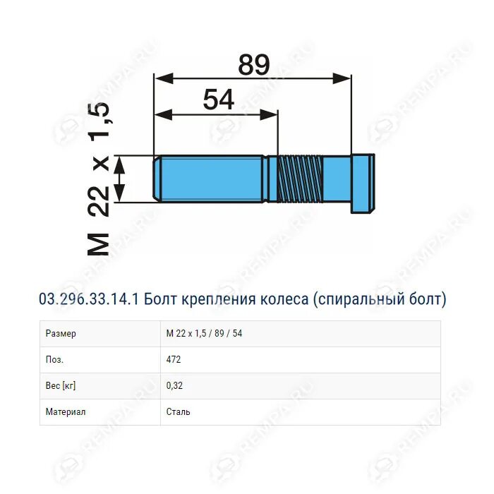 03.296.33.14.1 BPW. Шпилька колеса BPW 33.14.1. Шпилька колеса 89мм 03.296.33.14.1 BPW. Шпилька колеса BPW м22*1,5*89.