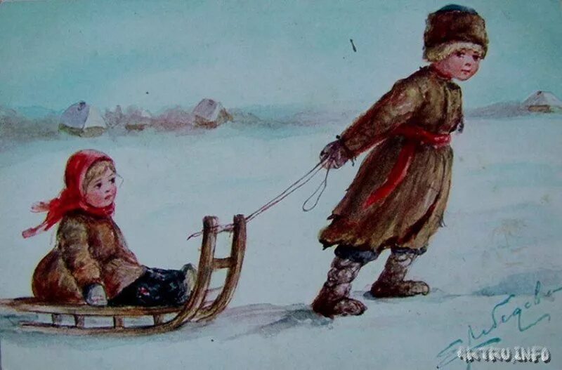 красивые дети в зимней одежде. санки зимой. крестьянские дети зимой. дети зимой. девочка на салазках.