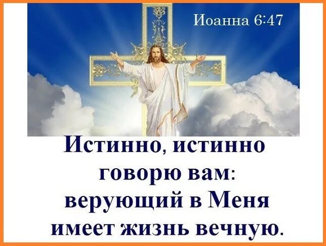 Верующий это. Верующий в меня имеет жизнь вечную. Истинно истинно говорю вам верующий в меня имеет жизнь вечную. ... Верующий в пославшего меня имеет жизнь вечную.... Истиноистино говорю вам.