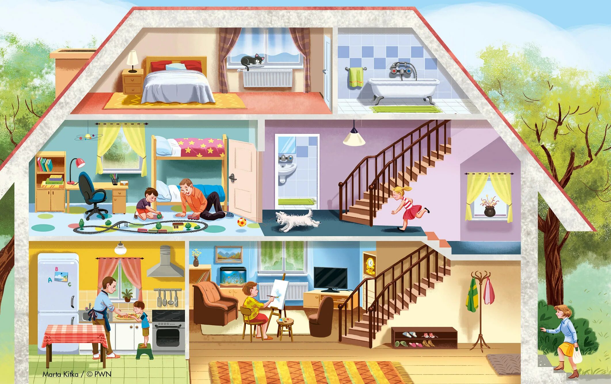 Какие комнаты в доме картинка. Marta kitka House. A boy in the House дом в разрезе. House illustration.