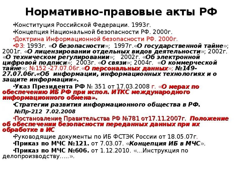 Национальные акты рф. Нормативные акты информационной безопасности. Нормативно правовые акты Конституция РФ. Конституция информационная безопасность. Нормативно правовые акты информационной безопасности РФ.