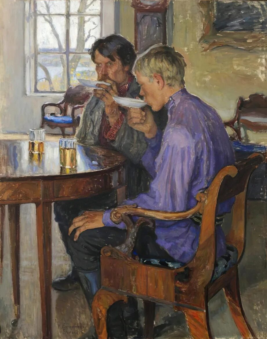 Морозов за чаепитием. Н.П. Богданов-Бельский, "новые хозяева",1913.