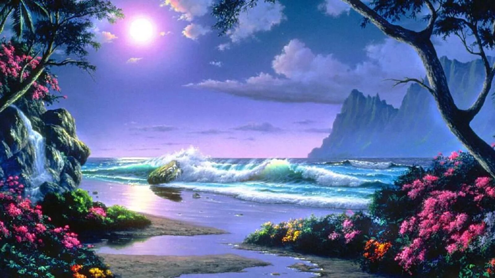 Красивая открытка рай. Сказочный пейзаж. Фэнтези пейзажи. Фантастические морские пейзажи. Сказочные пейзажи природы.