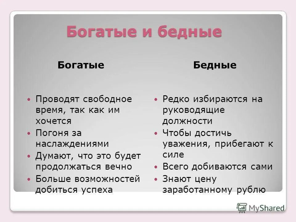 Отличающая жизнь. Таблица бедных и богатых. Признаки богатых. Бедное мышление. Бедный и богатый человек Общие признаки.