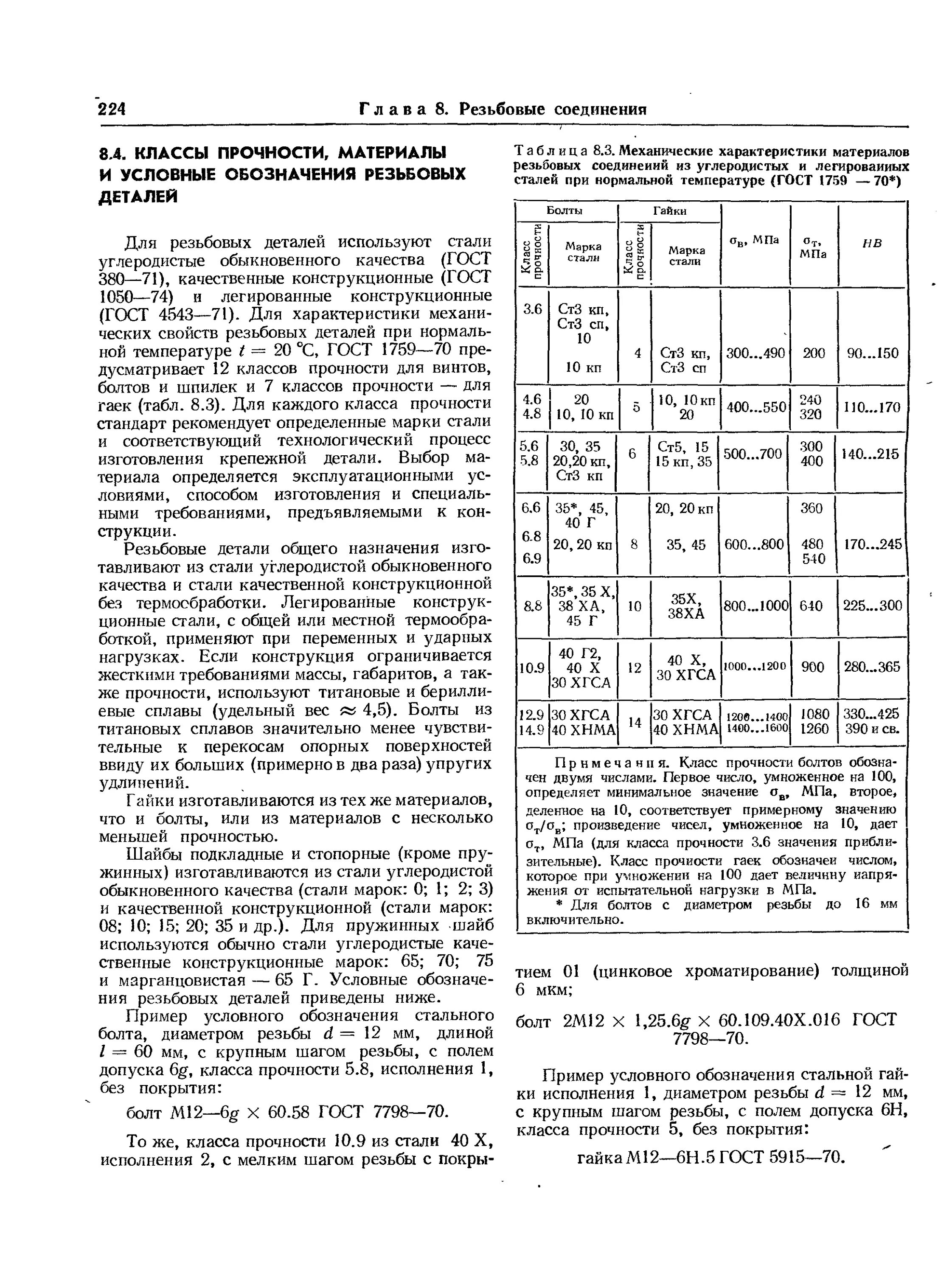 Болты марки сталей. ГОСТ 1759-70. Класс прочности резьбовых соединений. Механические свойства материалов резьбовых деталей.