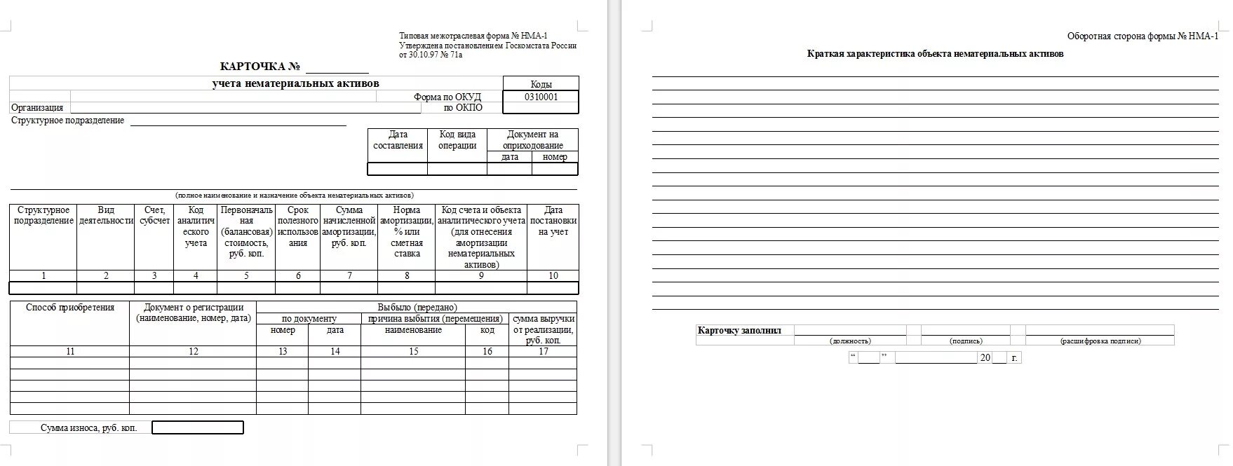 Карточка учета нематериальных активов по форме НМА-1. Карточку учета нематериальных активов (ф. НМА-1). НМА-1 карточка учета нематериальных активов образец заполнения. Карточка учета нематериальных активов программное обеспечение. Документы учета нематериальных активов