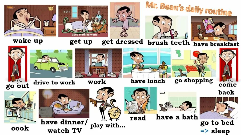 Daily bean. Get up Brush Teeth. Get up have Breakfast. Mr Bean Daily Routine. Презент Симпл Brush Teeth.