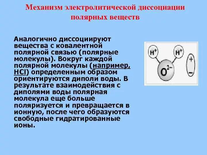 Механизм электролитической диссоциации. Механизм электролитической диссоциации Полярных веществ. Механизм электролитической диссоциации веществ с ковалентной связью. Механизм диссоциации веществ с ковалентной полярной связью.