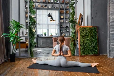 slim, shelves, Mat, on the floor, hairstyle, pose, plants, room, pigtail, stretc